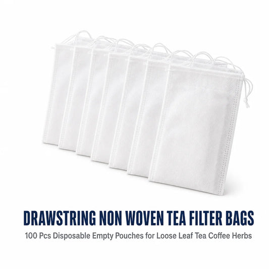 Empty drawstring non-woven tea filter bags, 100 pieces per pack