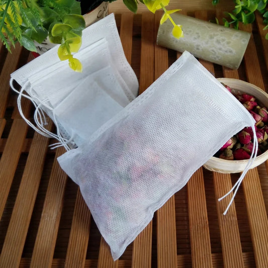 Extra large non-woven tea bags with string and tag for herbal and bath infusions